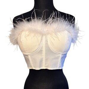 White Feather Trim Corset Bustier Strapless Zipper Back Party Sexy Holiday Sz 10